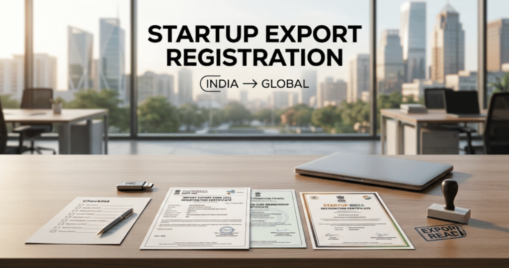 Customs and export documents arranged beside a laptop showing an IEC application portal.